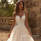 Customized A Line Spaghetti Strap Sweetheart Flowers Applique Wedding Gown