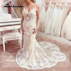 Custom Made Champagne Lace Mermaid Wedding Dress With Spaghetti Straps