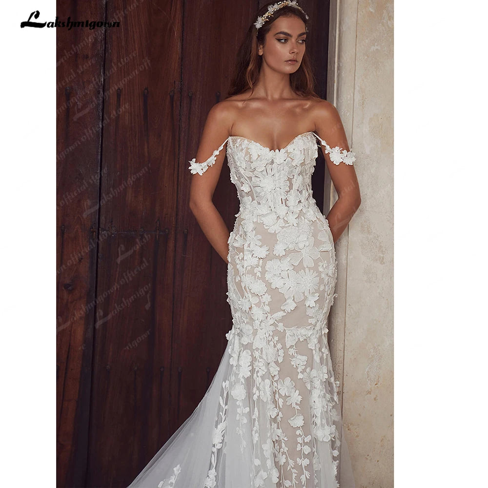 Lakshmigown Off The Shoulder Mermaid Wedding Dress With 3D Flower Appliques