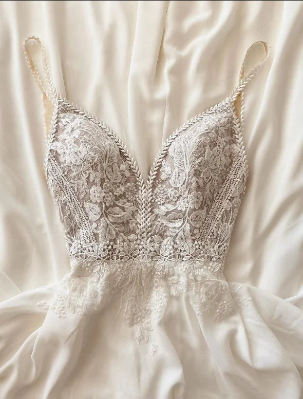 Illusion Lace A Line Chiffon Beach Wedding Dress With Open Back