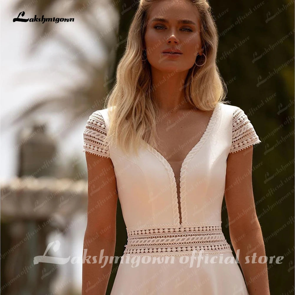 Custom A Line Chiffon Wedding Dress Short Sleeve Lace Backless Gown