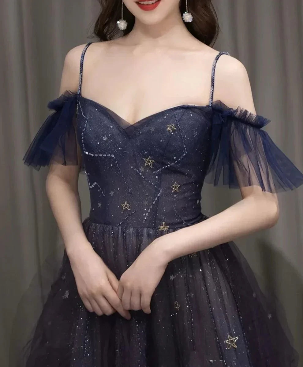 Vestido longo de baile em tule roxo céu estrelado escuro Vestido de noite em linha A Y924