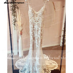 Custom Made Champagne Lace Mermaid Wedding Dress With Spaghetti Straps