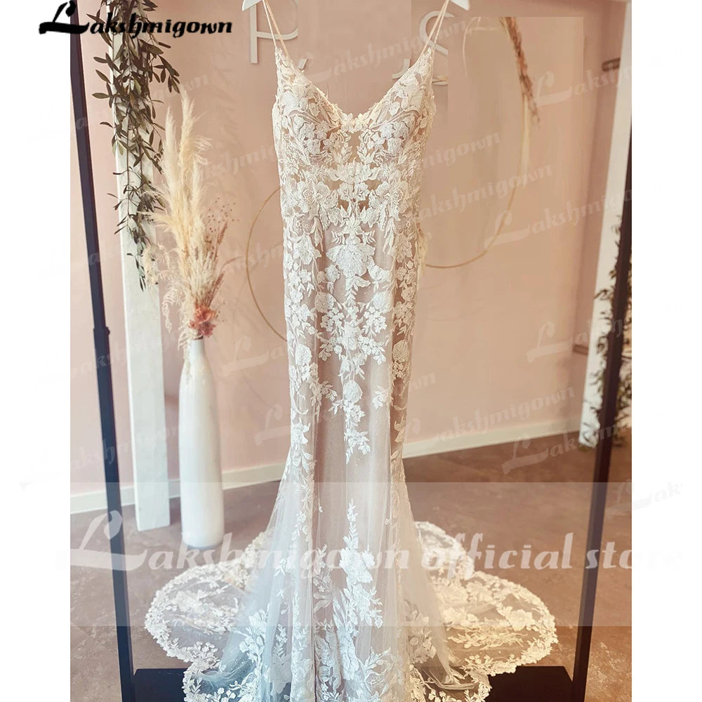 Custom Made Champagne Lace Mermaid Wedding Dress With Spaghetti Straps