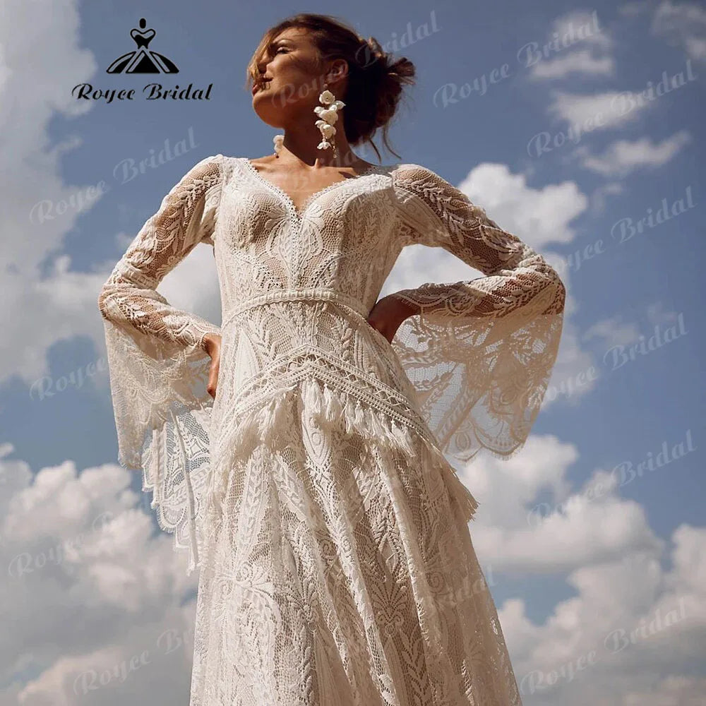 Lace Long Sleeve Mermaid Wedding Dress Boho Bridal Gown Custom Made