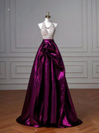 Elegante abito da sera lungo a linea A in raso viola con perline e collo all'americana Y8609