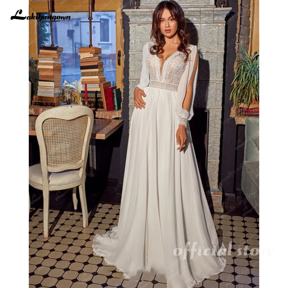Lakshmigown Boho Chiffon Wedding Dress Long Sleeves Lace Custom Bridal Gown