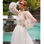 High Neck Tulle Wedding Gown With Removable Sleeves Slit Custom Bridal Dress