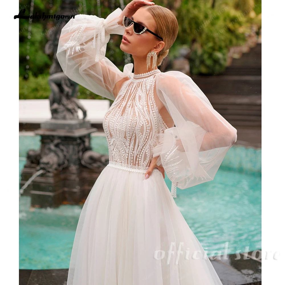 High Neck Tulle Wedding Gown With Removable Sleeves Slit Custom Bridal Dress