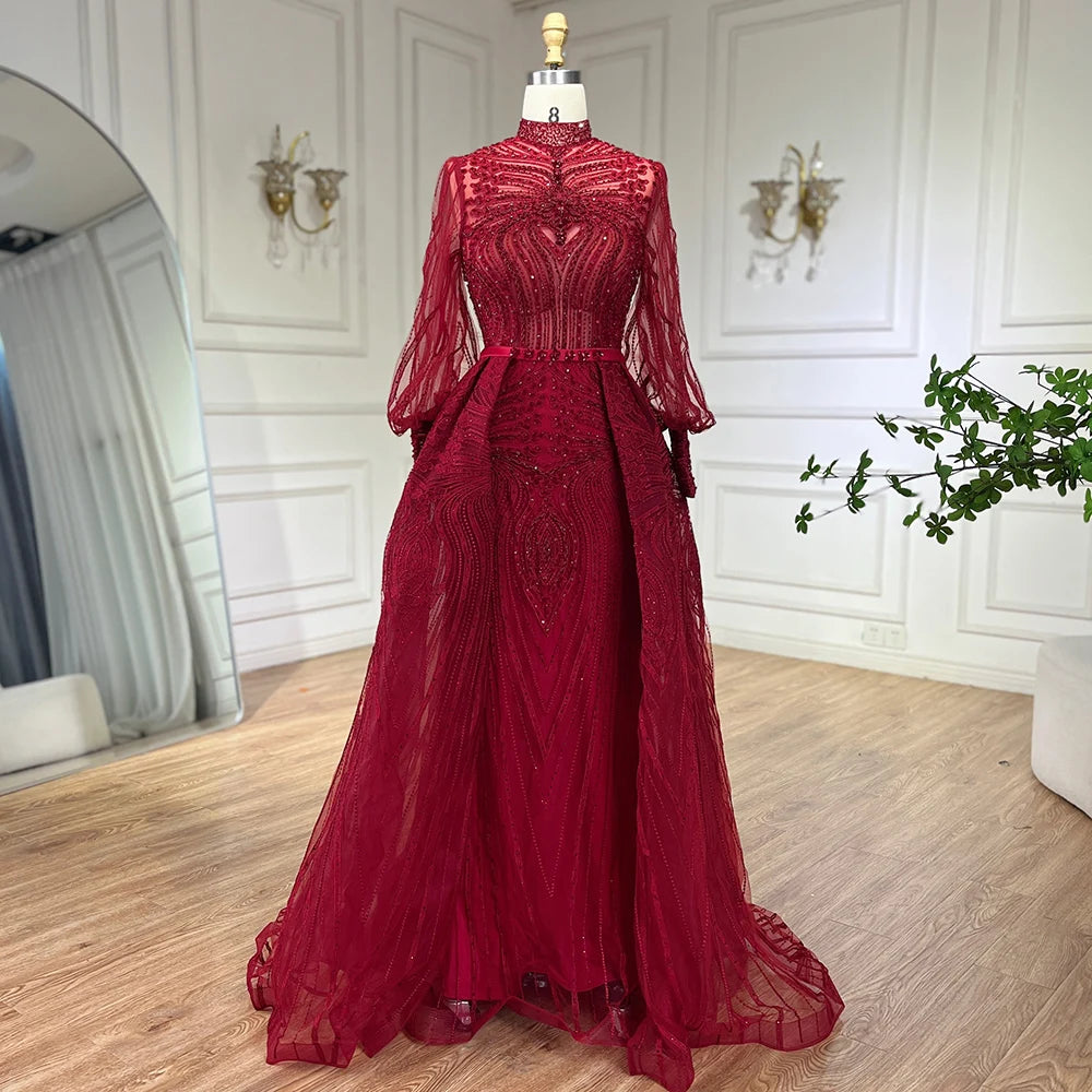 Plus Size Evening Dress Long Sleeve Wine Red Muslim Party Gown