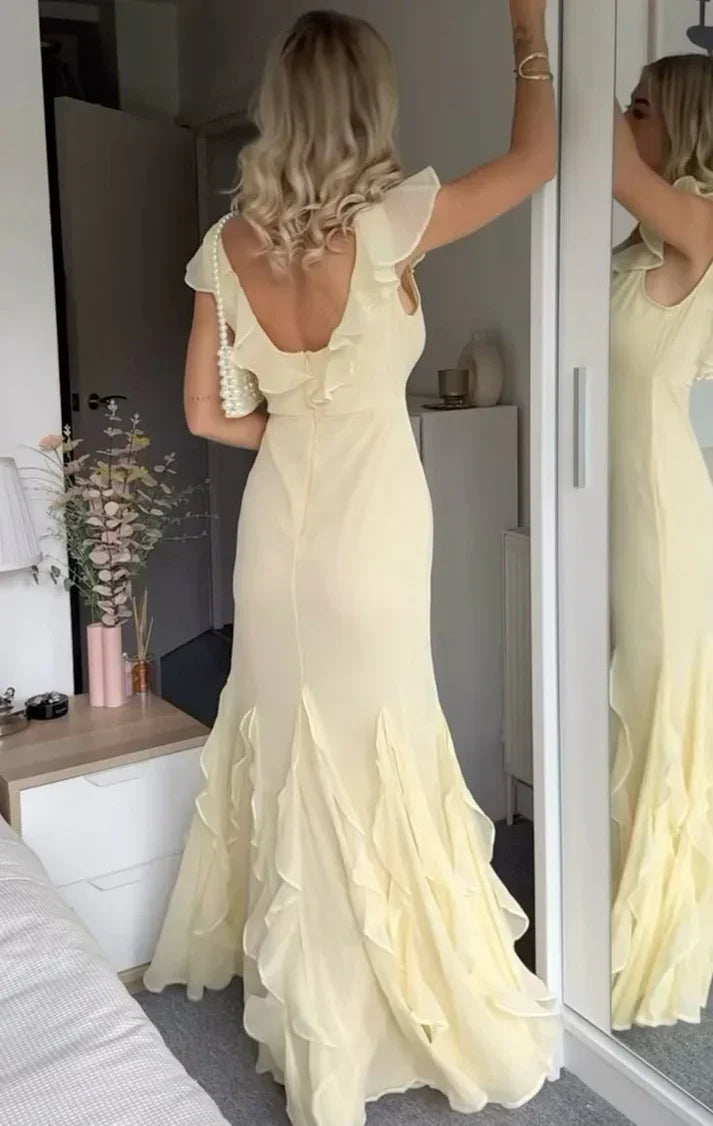 Abito da sera lungo elegante giallo in chiffon a sirena con balze Y8073