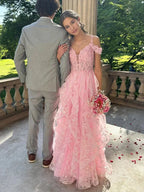 Vestido largo de fiesta rosa con hombros descubiertos, encaje esponjoso y apliques florales, vestido de noche Y7846