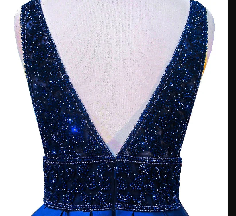 Abito lungo da sera donna blu navy con scollo a V, senza maniche, schiena scoperta, decorato con perline, abito formale da sera Y1193