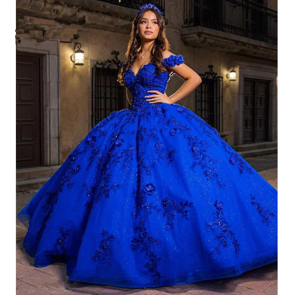 Vestidos de quinceañera azul real para dulce 15 años, vestido de bola abullonado con hombros descubiertos Y2726