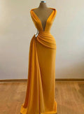 Abiti da sera gialli Sirena con scollo a V profondo Abito da sera sexy Abito da cocktail per festa con strascico Abito formale per occasioni Y4931