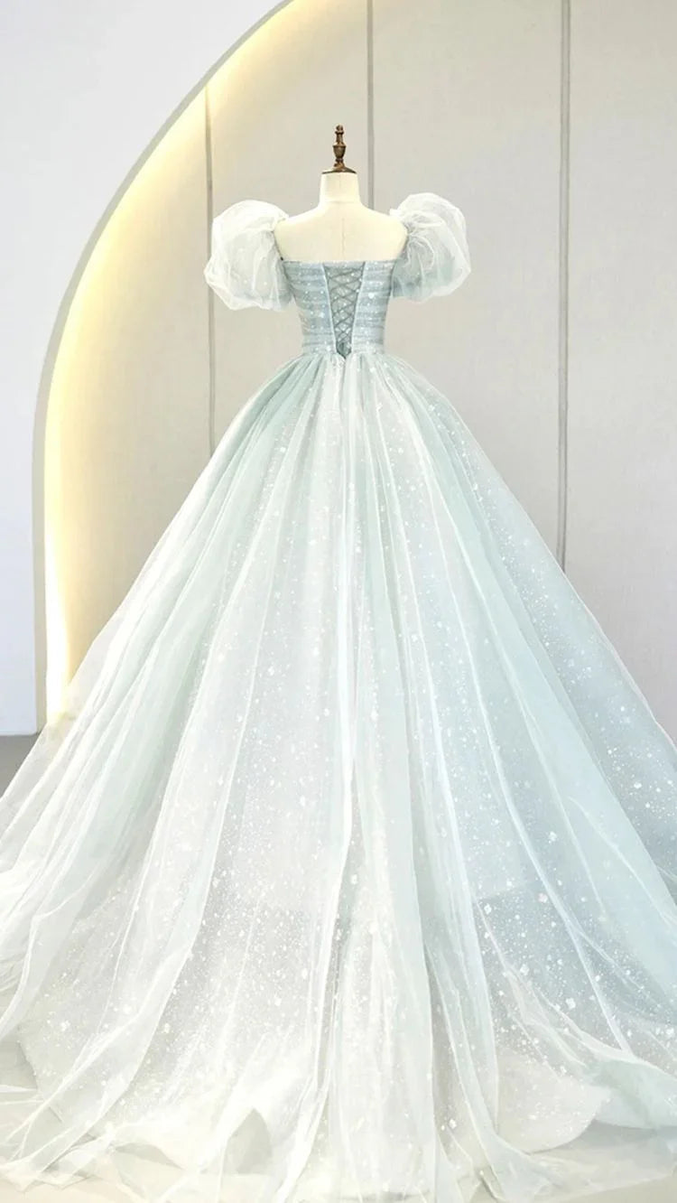 Vestido longo azul de cerimónia com mangas bufantes em linha A, vestido formal de noite em tule Y2932