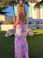 Abito da sera incantevole con spalline sottili romantiche, scollo a V, chiffon stampato, abito da ballo Y2306