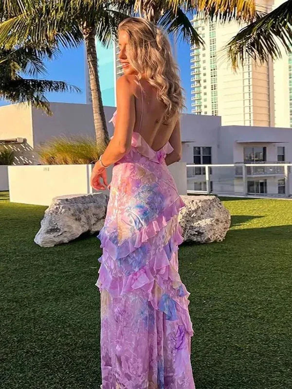 Vestido de Festa Romântico com Alças Finas, Decote em V, Estampado em Chiffon, Vestido de Noite Encantador Y2306