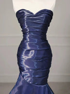 Splendido Abito Lungo da Sera Senza Spalline a Pieghe Blu Nevy Sirena per Ballo Y7987