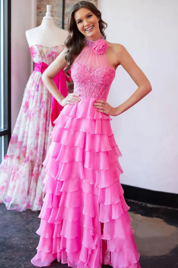 Vestidos de fiesta largos rosas con encaje y cuentas y cuello halter en forma de A