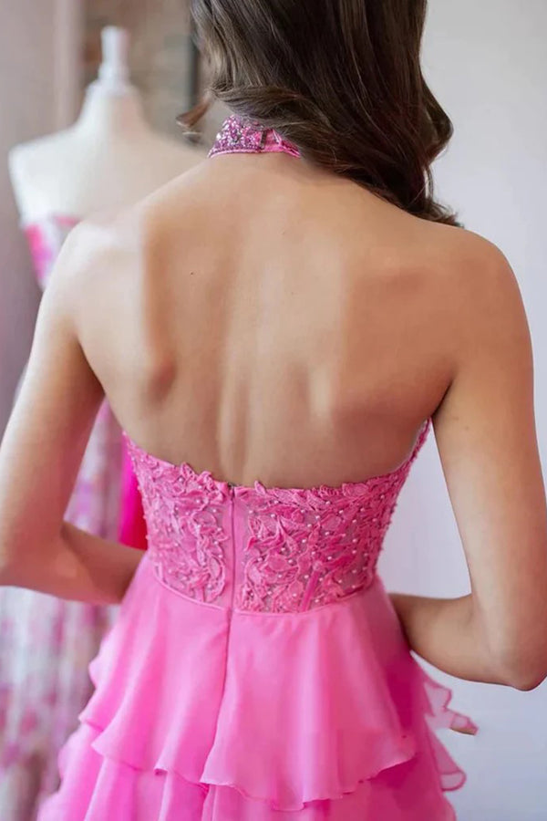 A Line Halter Neck Beaded Lace Long Pink Prom Dresses