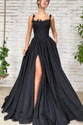A Line Taffeta Split Black Long Prom Dress With Pockets