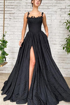 A Line Taffeta Split Black Long Prom Dress With Pockets
