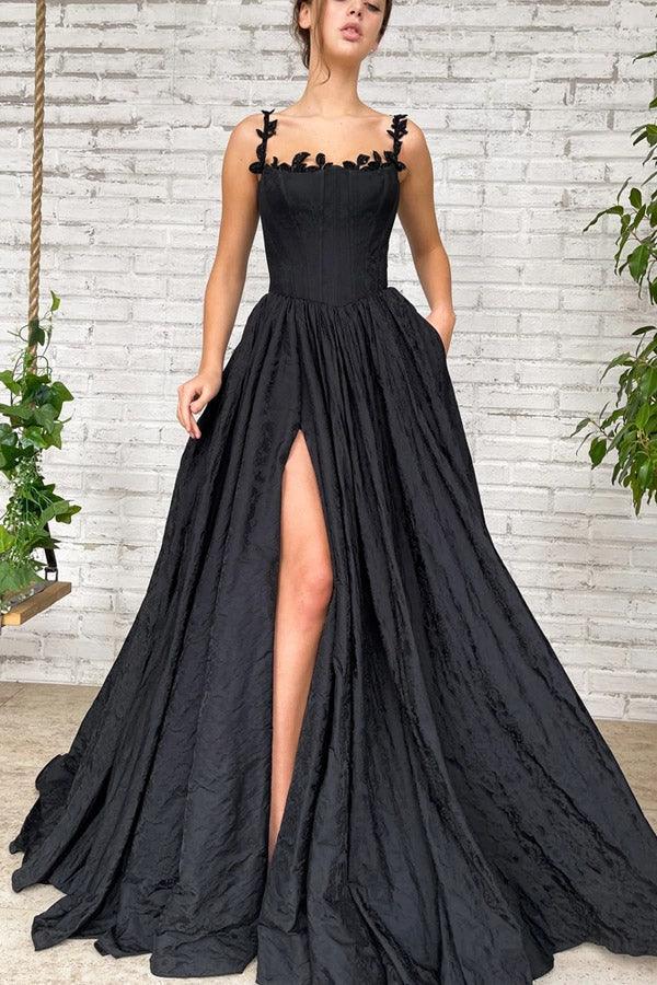 A Line Taffeta Split Black Long Prom Dress With Pockets