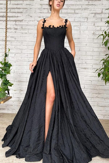 Vestido de fiesta largo negro de tafetán con abertura y bolsillos en línea A