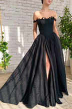 A Line Taffeta Split Black Long Prom Dress With Pockets