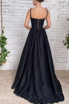 A Line Taffeta Split Black Long Prom Dress With Pockets