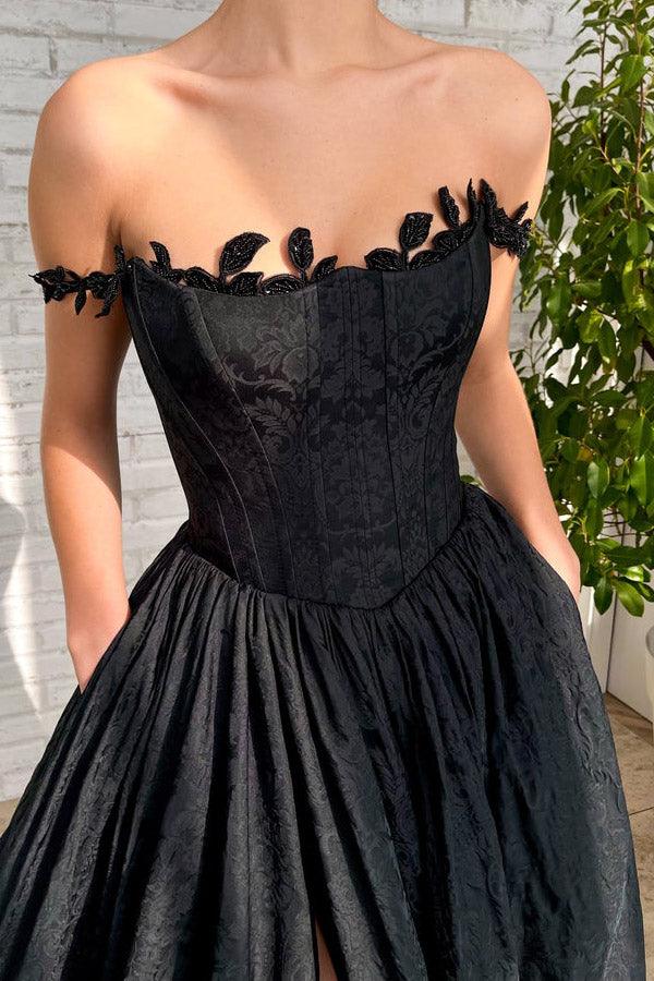 A Line Taffeta Split Black Long Prom Dress With Pockets