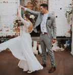 A Line Boho Lace Long Sleeves Open Back Rustic Wedding Dresses