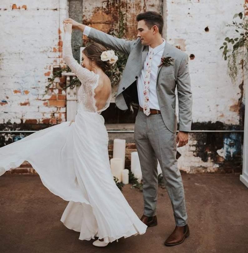 A Line Boho Lace Long Sleeves Open Back Rustic Wedding Dresses