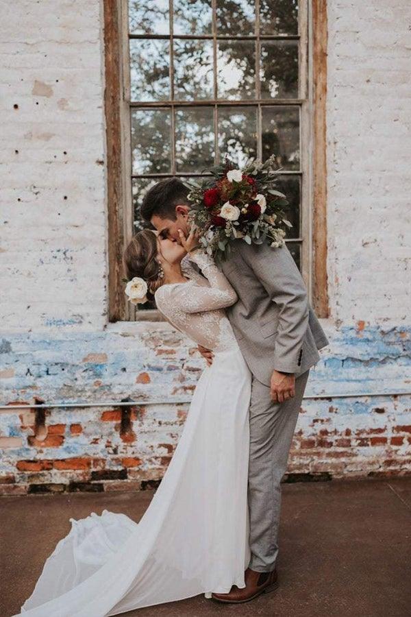 A Line Boho Lace Long Sleeves Open Back Rustic Wedding Dresses