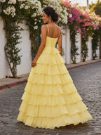 Yellow A Line Cowl Neck Chiffon Satin Tiered Ruffle Prom Dress