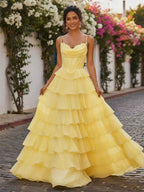 Yellow A Line Cowl Neck Chiffon Satin Tiered Ruffle Prom Dress