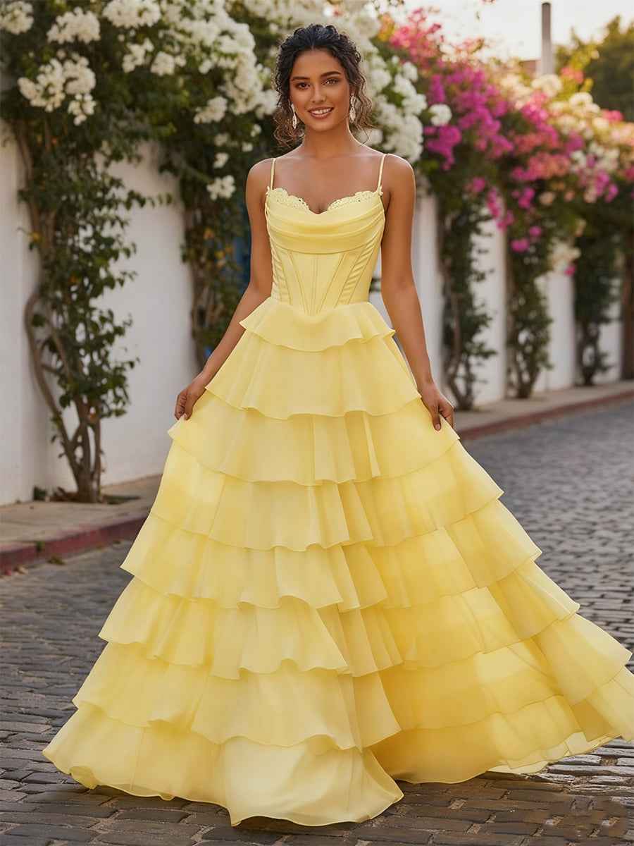 Yellow A Line Cowl Neck Chiffon Satin Tiered Ruffle Prom Dress
