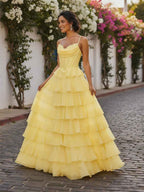Yellow A Line Cowl Neck Chiffon Satin Tiered Ruffle Prom Dress