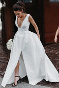 A Line Deep V Neck Open Back White Long Wedding Dresses Bridal Gown