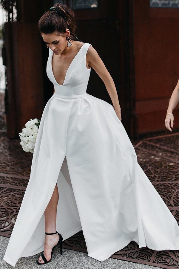 A Line Deep V Neck Open Back White Long Wedding Dresses Bridal Gown