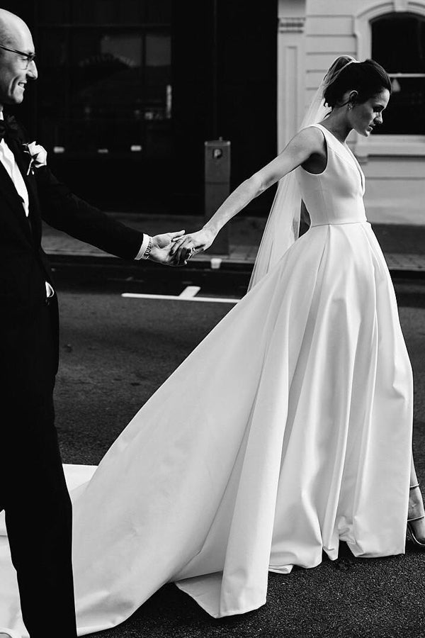 A Line Deep V Neck Open Back White Long Wedding Dresses Bridal Gown