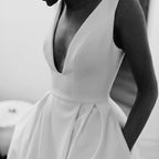 A Line Deep V Neck Open Back White Long Wedding Dresses Bridal Gown