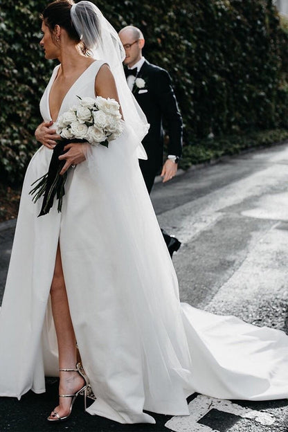 A Line Deep V Neck Open Back White Long Wedding Dresses Bridal Gown