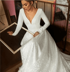 A Line Elegant Long Sleeves V Neck Beach Wedding Dress Bridal Gown