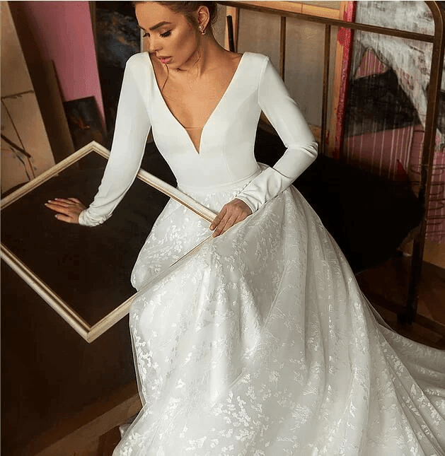 A Line Elegant Long Sleeves V Neck Beach Wedding Dress Bridal Gown
