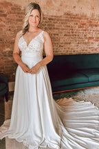 A Line Ivory Floral Lace Open Back Long Wedding Dresses