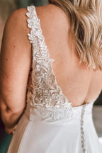 A Line Ivory Floral Lace Open Back Long Wedding Dresses