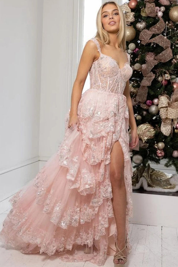 A Line Lace Tiered Stunning Prom Dress Evening Dress With Split
