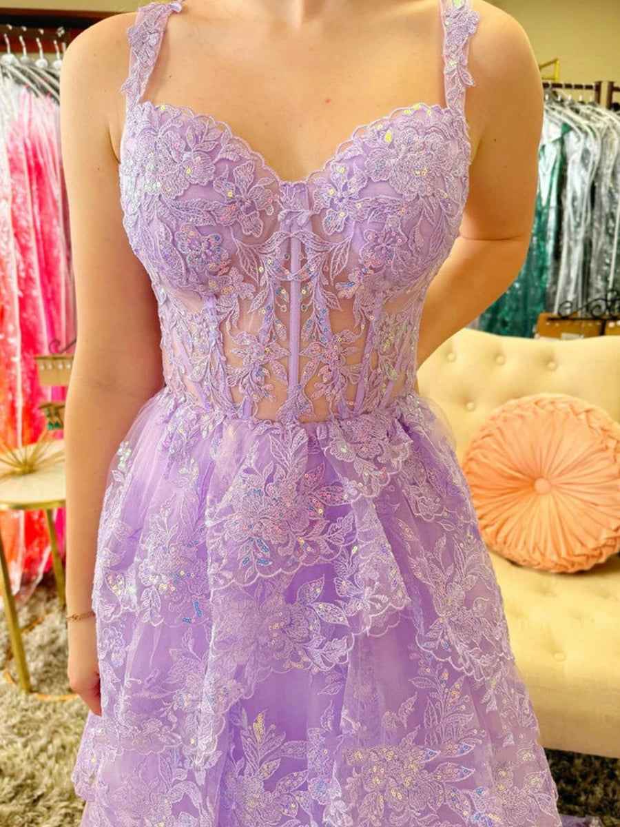 Lilac A Line Lace Prom Dress With Tiered Skirt And Slit